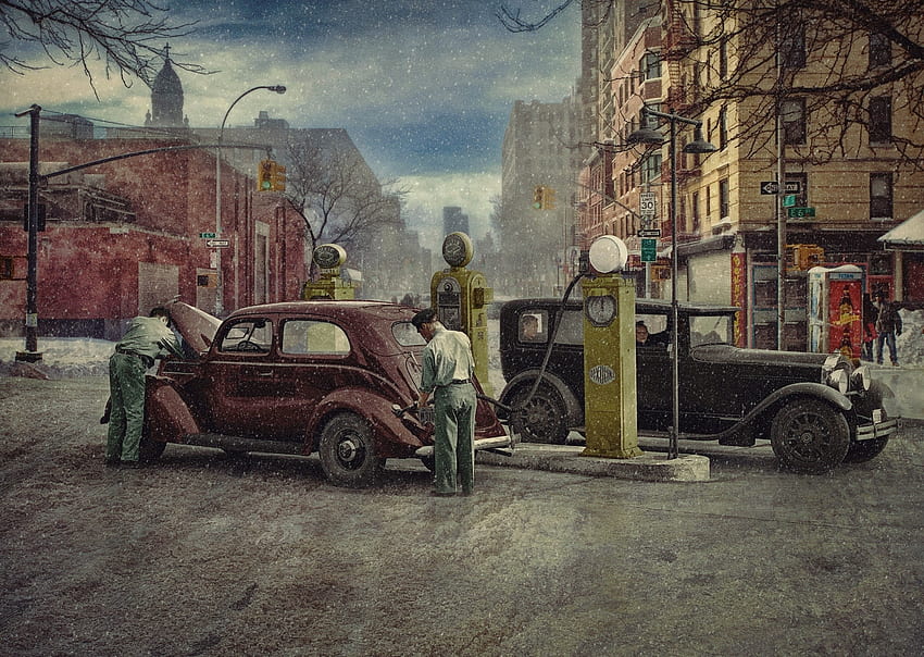 Old Town, classics, 1950s, art, cars, town, gas station, old, old era, 1940s, 1930s, vintage HD wallpaper