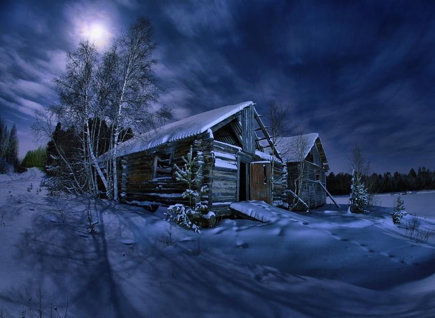кабина, зима, нощ, синьо, сняг HD тапет