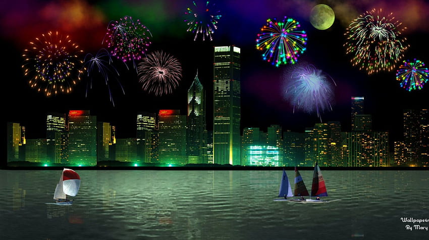 New Years Fireworks 1600x900, fireworks, holidays, cities, newyears, water, newyearseve HD wallpaper