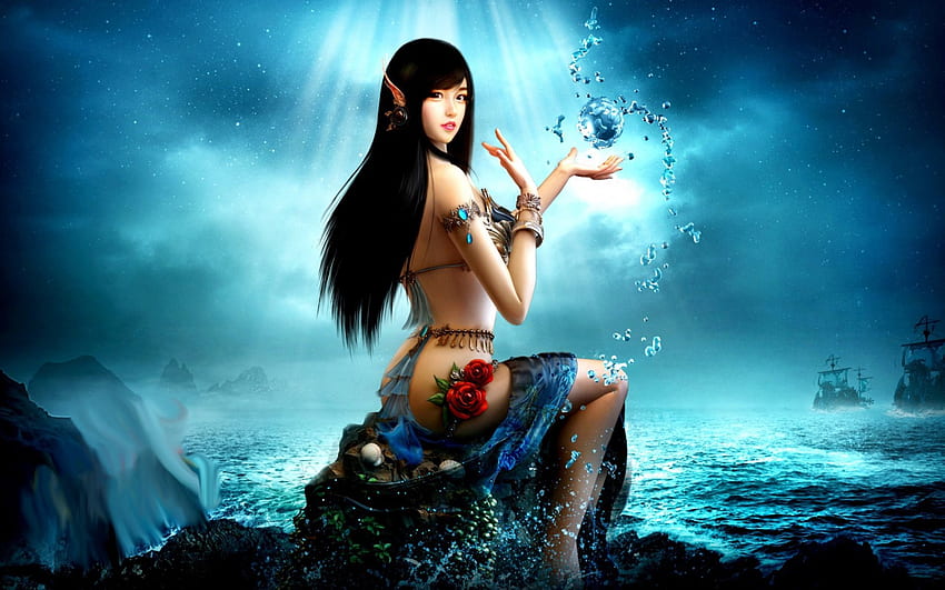 MARINE BEAUTY, expedition 2, mermaid, tatoo, game, elf, character HD wallpaper