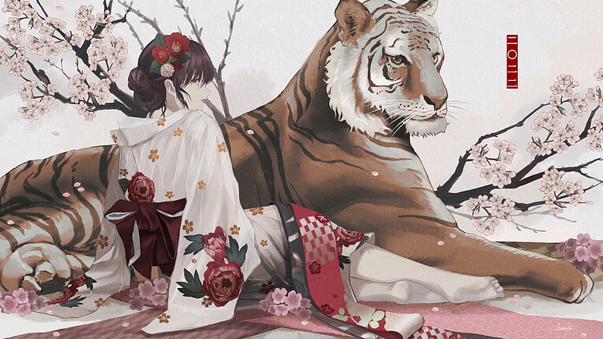 Year of the Tiger, zodiac, anime, tiger, tigru, girl, spring HD wallpaper