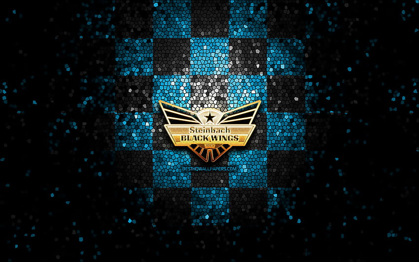 Black Wings Linz, logotipo brillante, Liga de hockey sobre hielo, a cuadros negro azul, hockey, equipo de hockey austriaco, logotipo de Black Wings Linz, arte mosaico fondo de pantalla