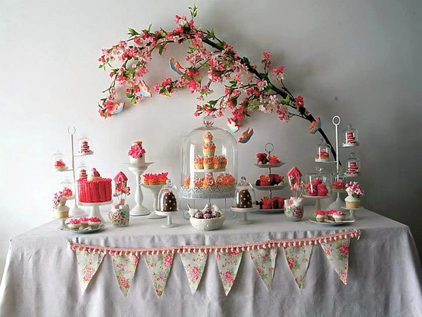 Celebration of spring, table, design, birds, roses, flowers HD wallpaper