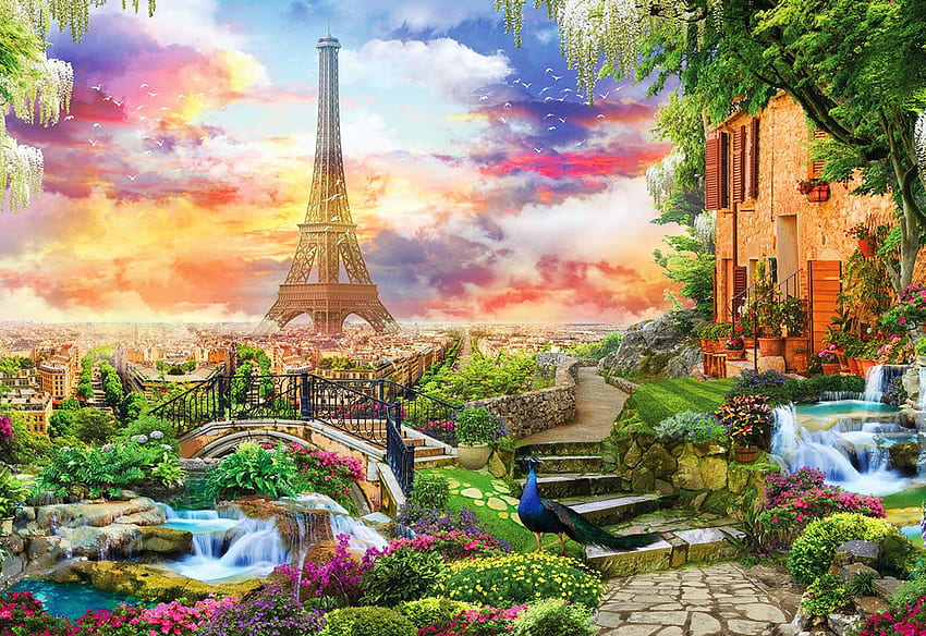 Paris Garden, artwork, eiffel tower, plants, house, path, colors, sky, sunset, painting HD wallpaper