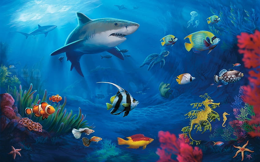 Pinturas subacuáticas de la vida marina. Océano, mar, vida marina, color, luz solar brillante, plantas, arrecife, aletas de coral, arte. Bajo el agua , Peces vivos , Peces fondo de pantalla