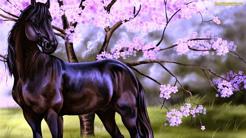 Spring Day, horse, flowers, spring, tree HD wallpaper