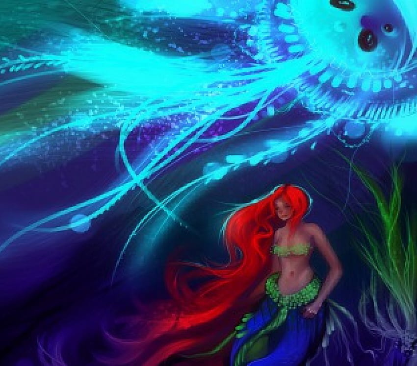 Ocean Redhead Girl, blue, colorful, colors, digital art, dress, abstract, drawings, conceptual, jelly fish, female, most ed, attractions in dreams, weird things people wear, girl, paintings, people, creative pre-made, love four seasons, fantasy, red, draw and paint, redhead, Oceans, illustrations, hair HD wallpaper