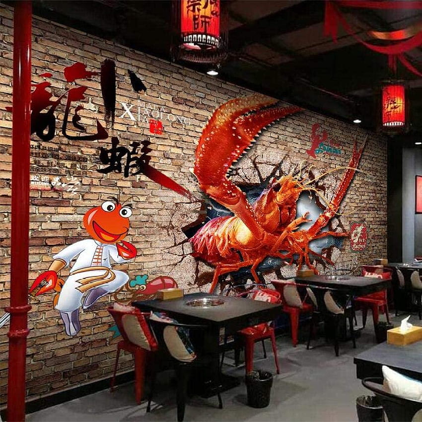 Mural 3D Mural Spicy Crayfish Seafood Restaurant Hotel Hot Pot Restaurant Background 3D Personality Broken Brick Wall Painting 400Cmx280Cm HD phone wallpaper