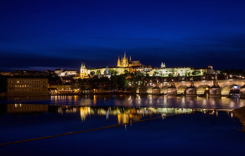 malam, lampu, sungai, Praha, Republik Ceko, Vltava, Kastil Praha, Katedral St. Vitus untuk , bagian город, Malam Praha Wallpaper HD