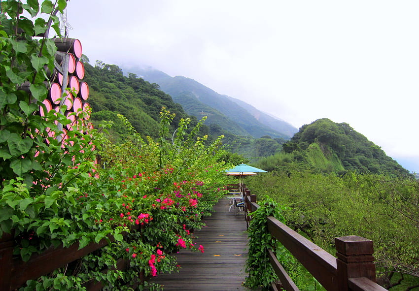 Orzeźwiający chodnik, chodnik, orzeźwiający, bujna zieleń, parasol, kwiaty, góra Tapeta HD