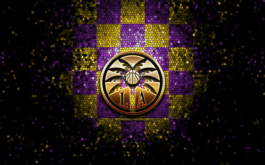 Los Angeles Sparks, Glitzerlogo, WNBA, gelb-violett karierter Hintergrund, Basketball, amerikanisches Basketballteam, Los Angeles Sparks-Logo, Mosaikkunst HD-Hintergrundbild