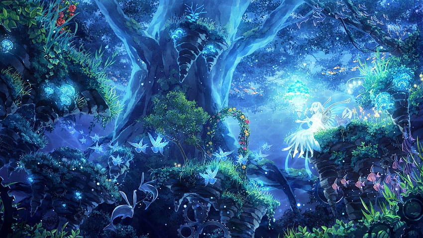 Вълшебна синя гора, синьо, ангел, прекрасно, звезди, елф, дърво, фея, сага, магическо, фантастично изкуство, прекрасно, гора HD тапет