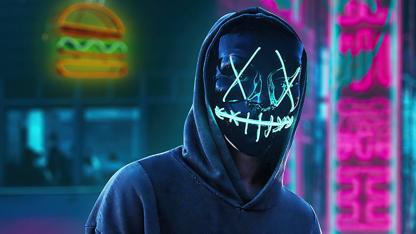 Schwarzer Masken-Hoodie-Junge in der Stadt, Hintergrund und Neonreinigung HD-Hintergrundbild