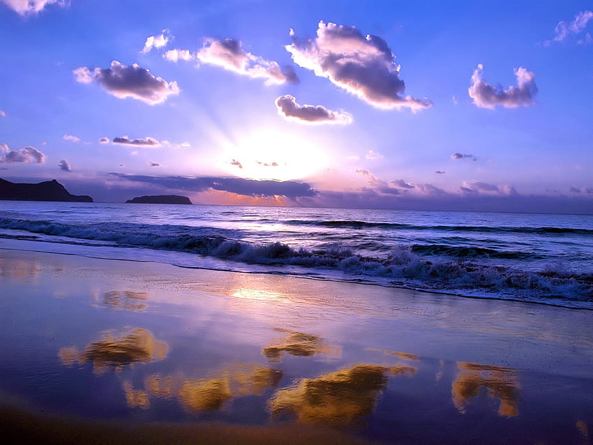 Coucher de soleil sur la plage, mer, réflexion, nuages, nature, vague, coucher de soleil, plage Fond d'écran HD