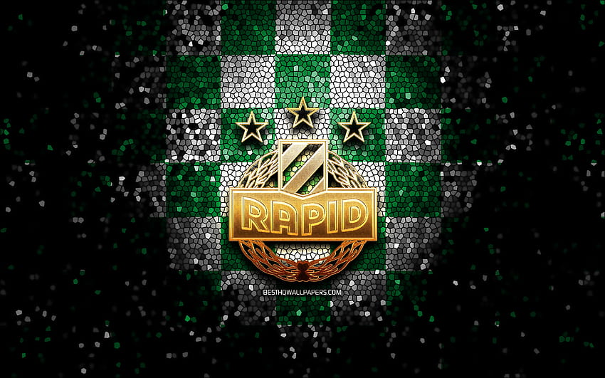 Rapid Vienna FC, logo scintillant, Bundesliga autrichienne, fond vert à carreaux blancs, football, club de football autrichien, logo Rapid Vienna, art de la mosaïque, football, SK Rapid Wien, Autriche Fond d'écran HD