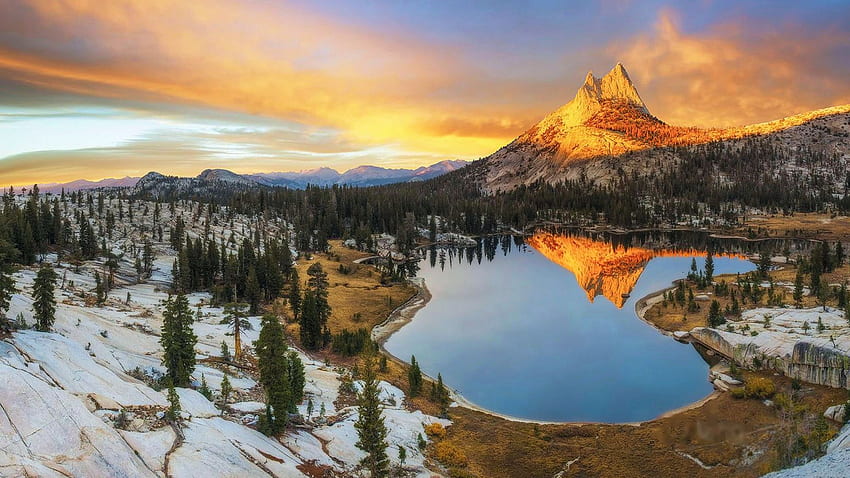 Национален парк Йосемити, Сиера Невада, Калифорния, пейзаж, облаци, цветове, небе, изгрев, езеро, САЩ, зима, сняг, дървета HD тапет