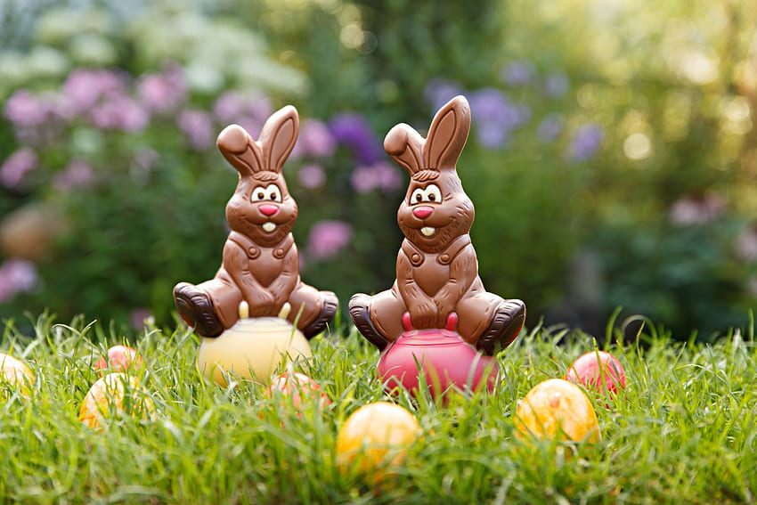 Paskalya Tavşanları, tavşanlar, Paskalya, çikolata, tavşanlar, çimenler, yumurtalar, Paskalya yumurtaları, Bahar HD duvar kağıdı