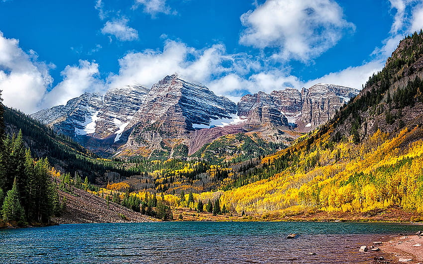 Wonderful Autumn Landscape Mountain Lake Birch And Pine Forest With Yellow And Green Leaves, Rocky Mountains With Snow Blue With White Clouds Maroon Bells Elk Mountains Aspen Colorado, Rocky Mountain Fall HD wallpaper