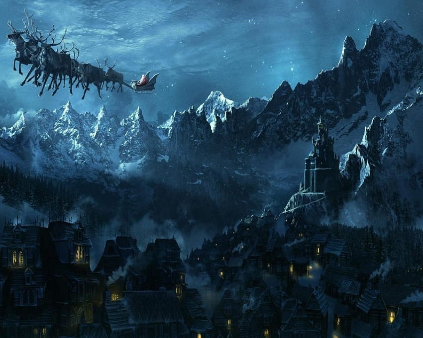 Santa Starting His Long Trip, night, reindeer, christmas, castle, village, santa HD wallpaper