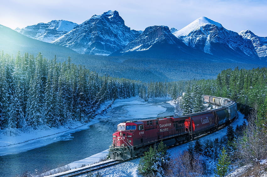 railway, train, Canada, Alberta, mountains, winter, forest HD wallpaper