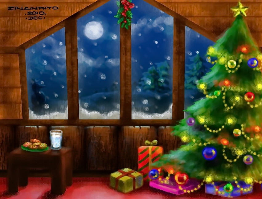 Весела Коледа, нощ, цветни, звезди, снежинки, празник, лунна светлина, луна, сняг, нова година, маса, настроение, прозорец, подаръци, дърво, украса, весело, коледа HD тапет