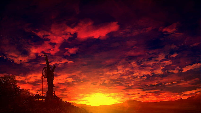 Original Anime Landscape Sunset Sky Cloud Beautiful Red X