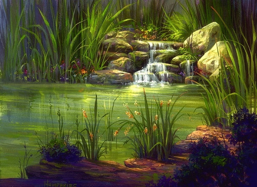 静かな時間、夢の名所、庭園、絵画、滝、石、夏、四季を愛する、緑、自然、花、池 高画質の壁紙