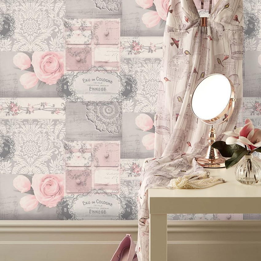 Ophelia Decoupage Blush Pink and Silver Pretty Collage M1426 Papel de parede de celular HD
