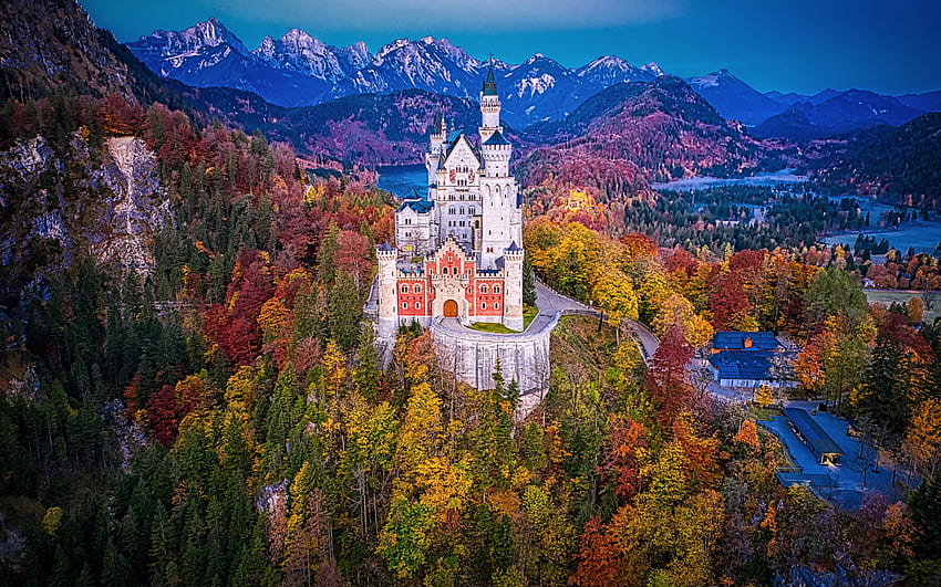 Neuschwanstein Castle, Bavarian Alps, Schwangau, mountain landscape, autumn, Alps, Bavaria, Germany HD wallpaper