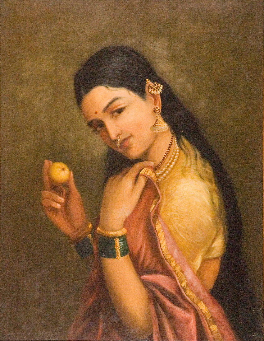 Raja Ravi Varma - Mujer sosteniendo una fruta - Proyecto de arte de Google fondo de pantalla del teléfono
