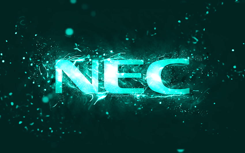 Logotipo turquesa de NEC, luces de neón turquesa, creativo, abstracto turquesa, logotipo de NEC, marcas, NEC fondo de pantalla