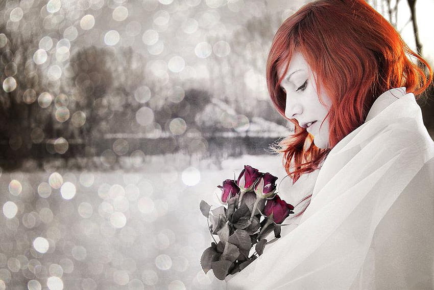 snow_white_queen, winter, rose, lady, model, snow, red, hair HD wallpaper