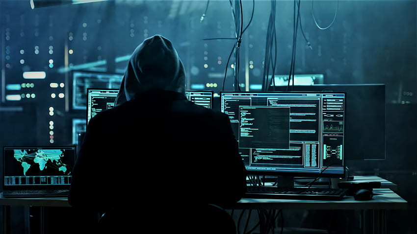 匿名のハッカー作業ラップトップ フル、ハイテク、背景、ハッカー ルーム 高画質の壁紙