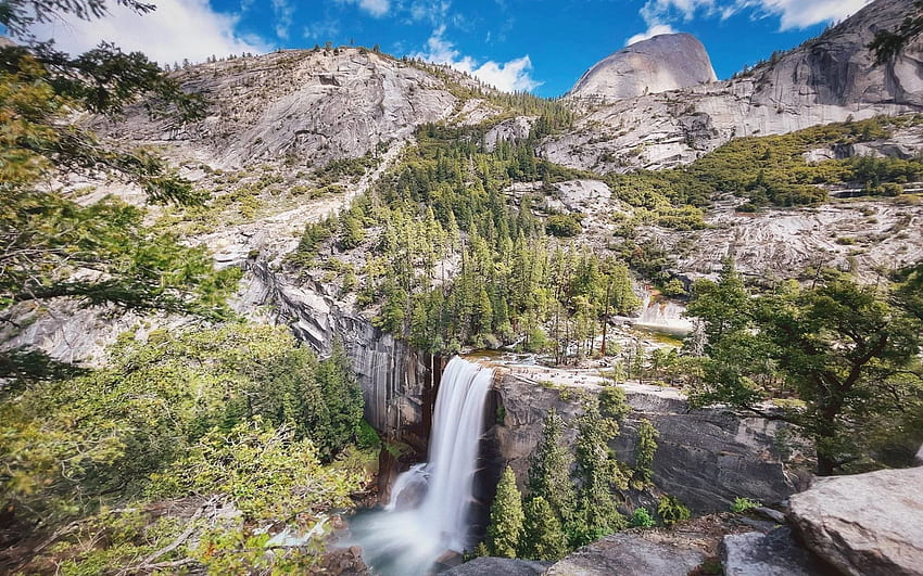 Yosemite National Park, california, clouds, waterfall, sky, rocks, usa, stones HD wallpaper