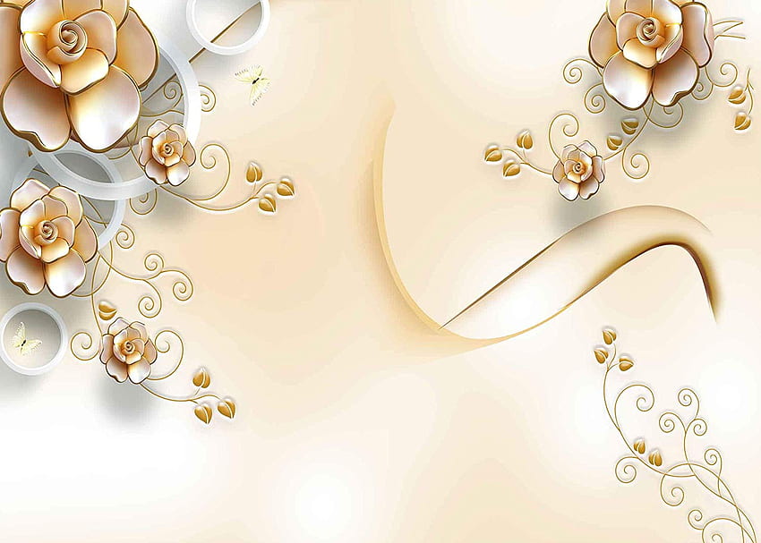 Mtmety ft Fantasy Golden Flowers Background - พื้นหลังสีทองและดอกกุหลาบสีขาว วอลล์เปเปอร์ HD