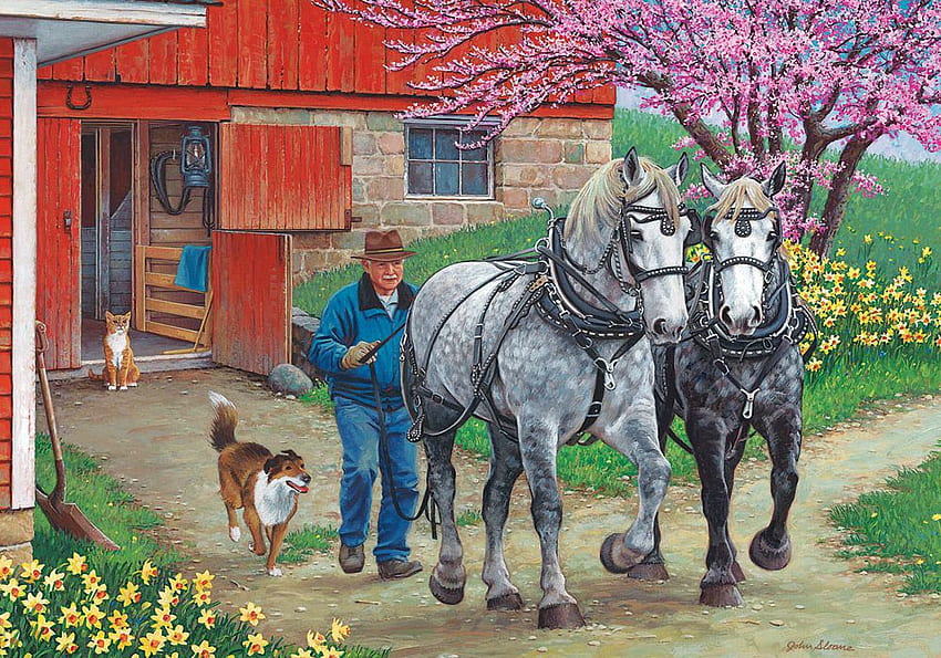 Back in the Harness, dog, horses, shed, painting, man, blooming, flowers, tree HD wallpaper