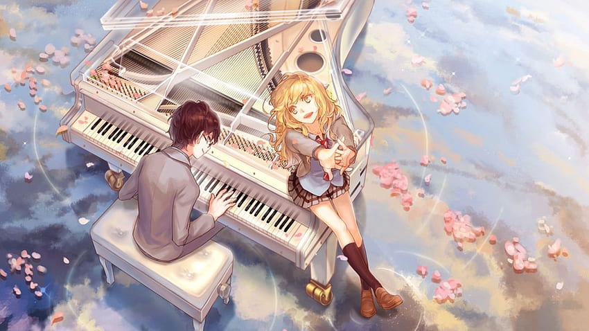 Anime dziewczyna chłopiec para muzyka płatki fortepianu blondynka. . 1026189, Instrument anime Tapeta HD