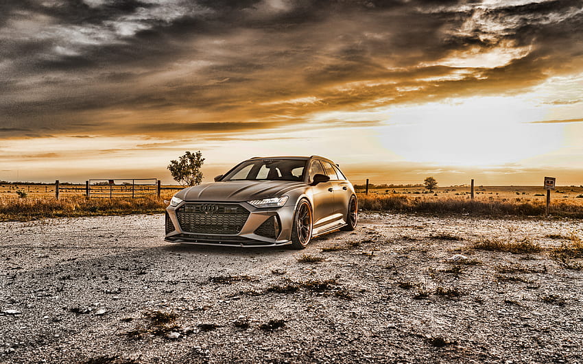 2021, Audi RS6 Avant, , vue de face, extérieur, coucher de soleil, wagon de sport, noir mat RS6 Avant, tuning RS6 Avant, voitures allemandes, Audi Fond d'écran HD