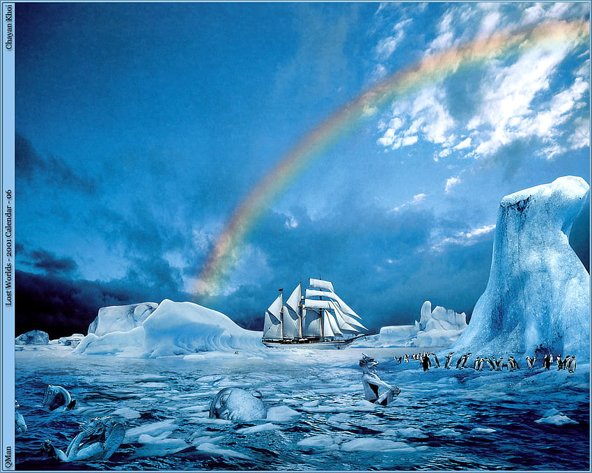 Arctic Rainbow, penguin, ship, rainbow, arctic, ice HD wallpaper