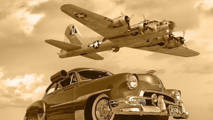 B17 WWII bomber flying over a vintage chevrolet, military, lpane, monochrome, car, vintage HD wallpaper