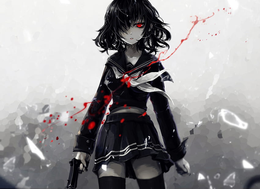 Kunst, Anime-Mädchen mit Waffe, Schulkleid HD-Hintergrundbild