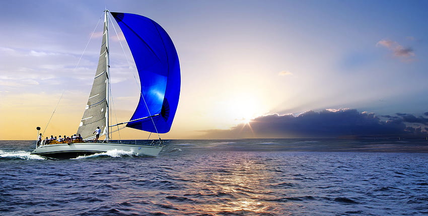 Vela, raggi, blu, barca, luce solare, pacifica, bellezza, barche a vela, onde, riflesso, barche, oceano, tramonto, mare, bellissimo, barca a vela, persone, nuvole, natura, cielo, adorabile Sfondo HD
