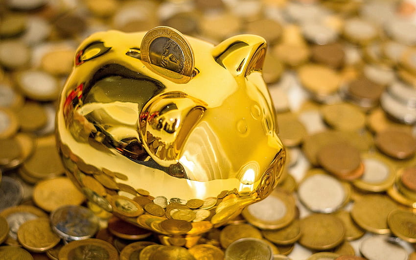 goldenes sparschwein, münzen, geld, geld sparen konzept, einzahlung, sparschwein für mit auflösung. Gute Qualität HD-Hintergrundbild