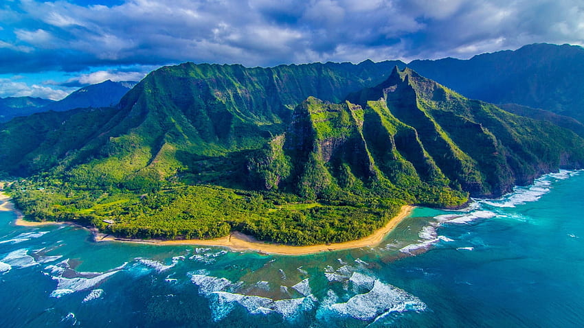 オーシャン マウンテンズ ハワイ、風景、自然、ハワイ、山、海 高画質の壁紙