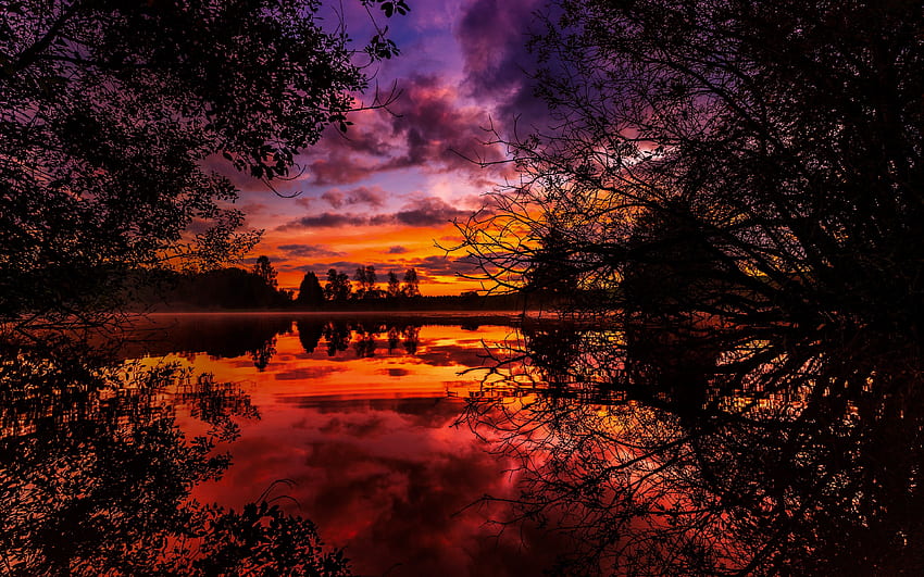 matahari terbenam, musim gugur, sungai, pohon, Country Autumn Sunset Wallpaper HD
