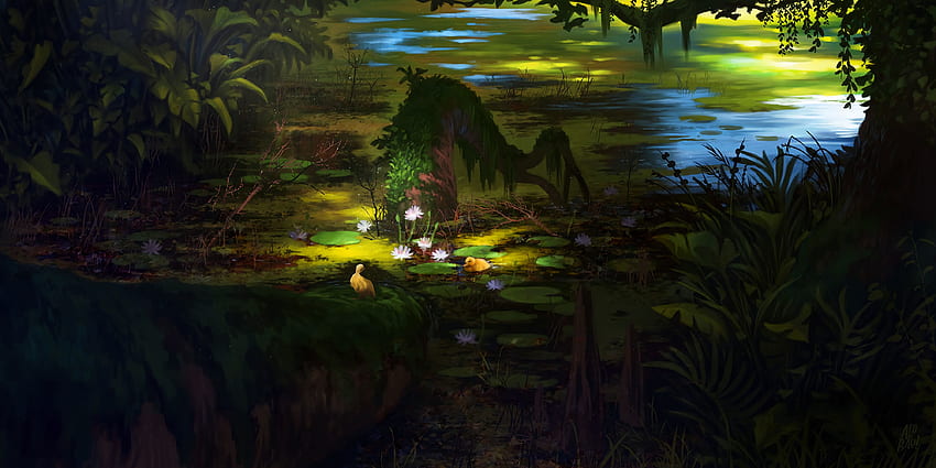 Art, Lotus, Swamp, Dark HD wallpaper