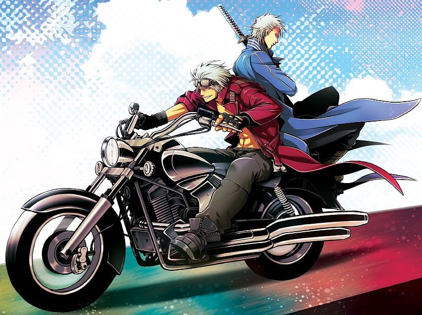 Dante & Vergil, blue, coats, sword, demons, brothers, motorcycle, anime, devil may cry, red, short hair, clouds, video games HD wallpaper