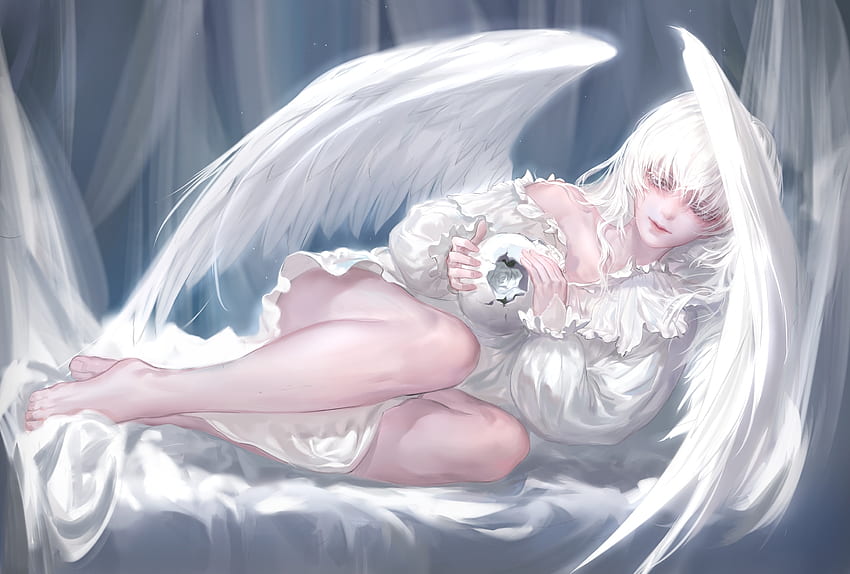 Angel, blue, wings, white, girl, feather, qidai, fantasy, anime, luminos, manga HD wallpaper