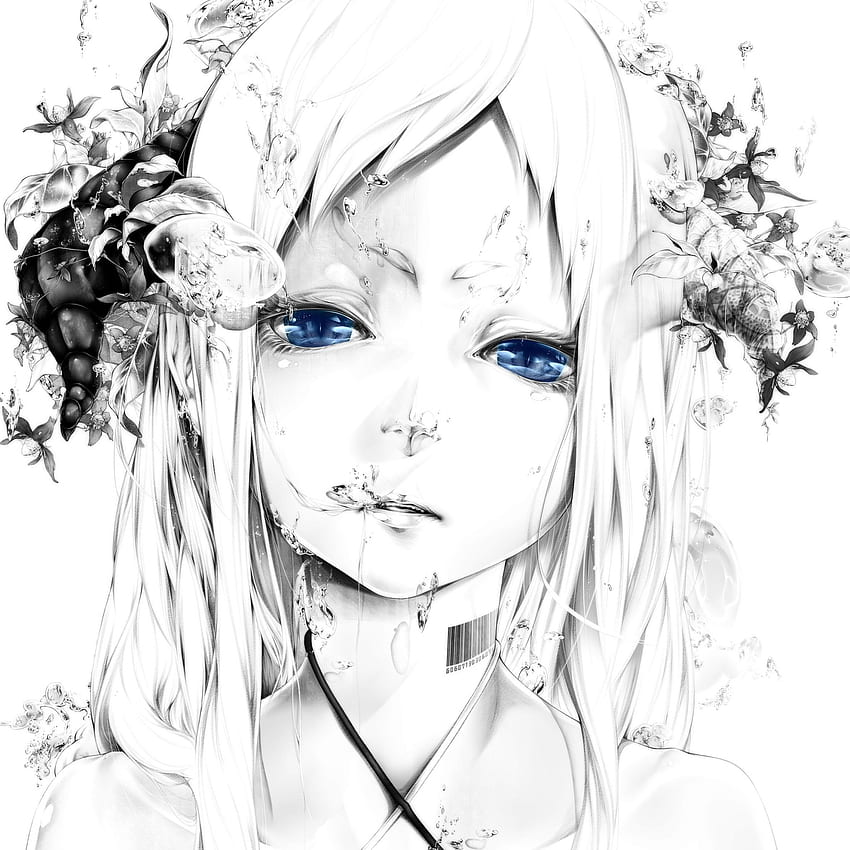 Art Bouno Satoshi Girl Face Weißer Hintergrund Grafik Monochrom Blue Eyes Water Bubbles iPad Air, Water Drawing HD-Handy-Hintergrundbild