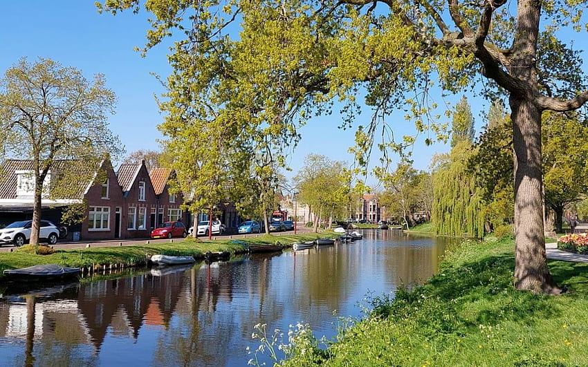 Frühling in den Niederlanden, Bäume, Kanal, Niederlande, Häuser, Frühling HD-Hintergrundbild